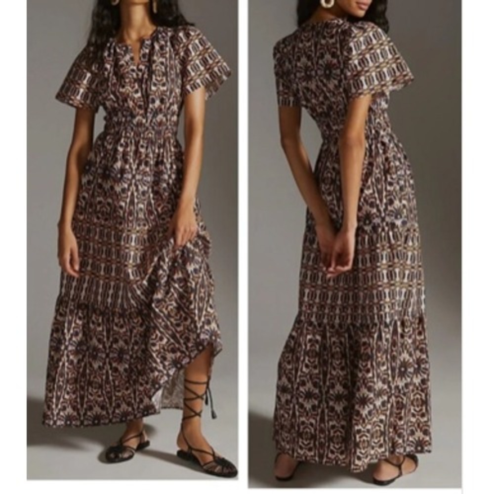 Anthropologie Maeve Somerset Maxi Dress Women Small Navy Orange Patterned Cotton